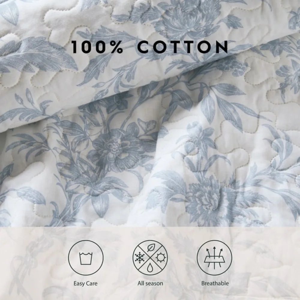 Laura Ashley Amberley Blue King Quilt Bonus Set Cotton Floral Cottage Bedding